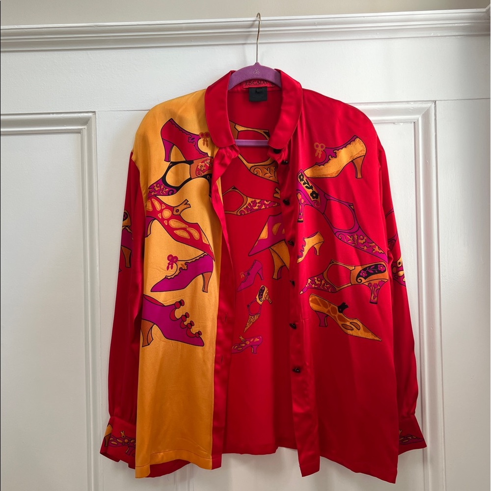 Escada women’s 100% silk blouse, shoe mania print